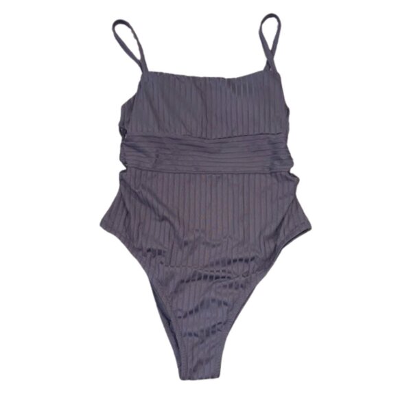 Dark Gray Ribbed One Piece Swimsuit Women Large Shade & Shore - Picture 1 of 10